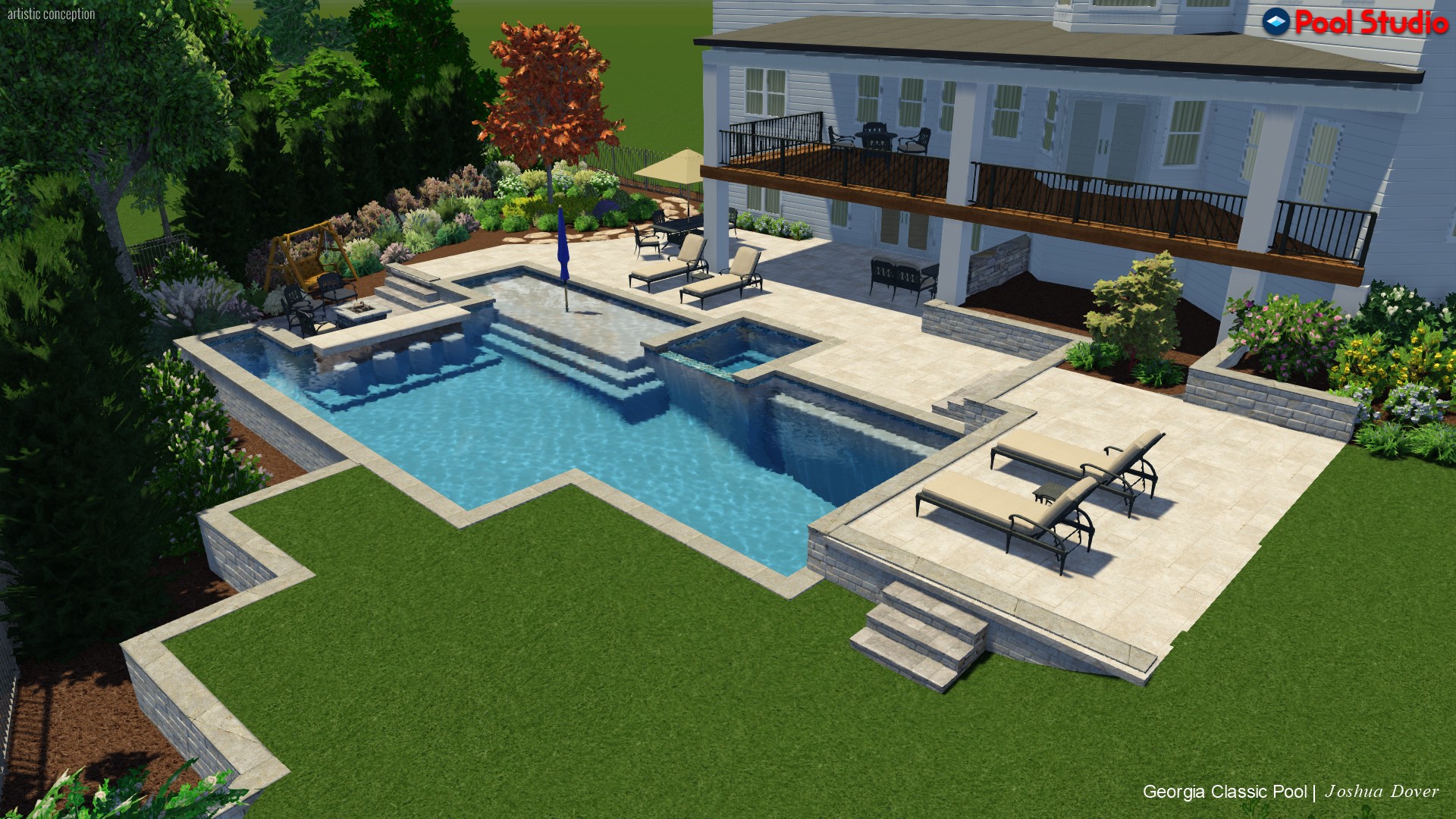 A 3D rendering of a modern straight line pool with a built-in spa and barstools.