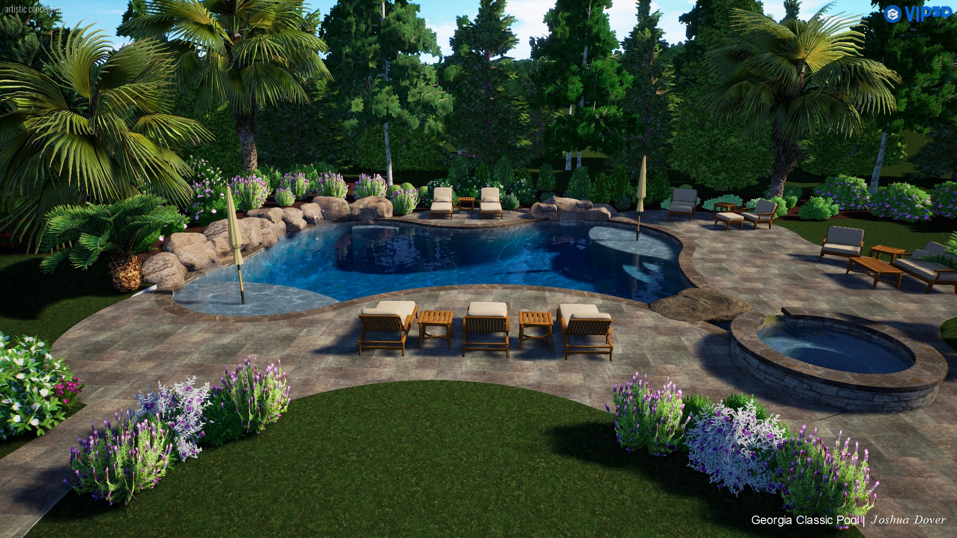 Indulge in relaxation with our 3D pool design showcasing an inviting spa.