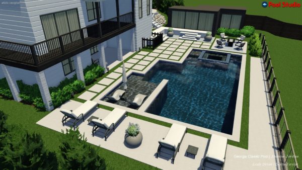 A serene 3D swimming pool design featuring opulent 2' x 2' travertine decking, offering sophistication and comfort for your outdoor retreat.
