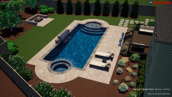 A captivating 3D swimming pool design featuring a cozy firepit, offering warmth and ambiance for unforgettable outdoor gatherings.