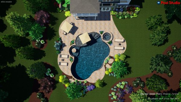 An inviting 3D swimming pool design featuring a stylish in-pool table, offering a unique and luxurious dining experience.