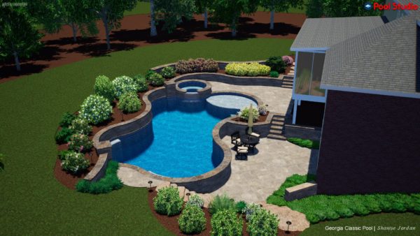 Experience cutting-edge design with our 3D pool featuring raised and exposed beam walls.