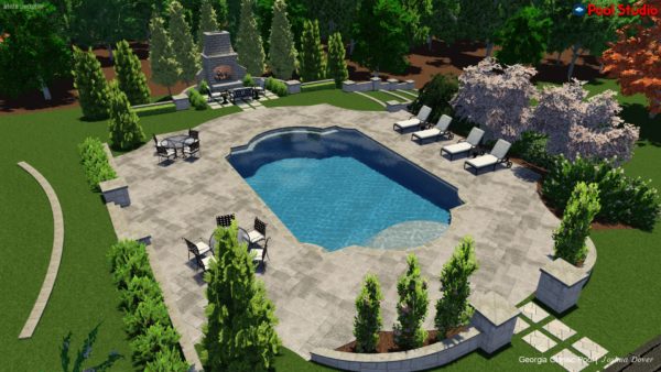 Immerse yourself in luxury with our 3D pool design featuring a stunning stone fireplace.