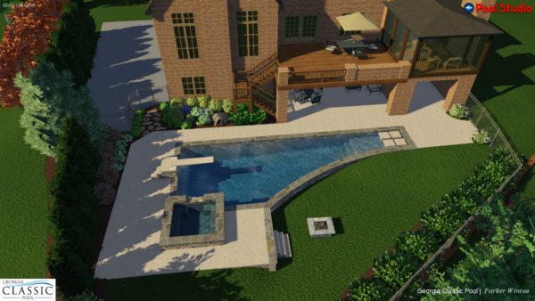 A captivating 3D swimming pool design featuring a distinctive shape and an inviting spa, offering a serene and luxurious outdoor escape.