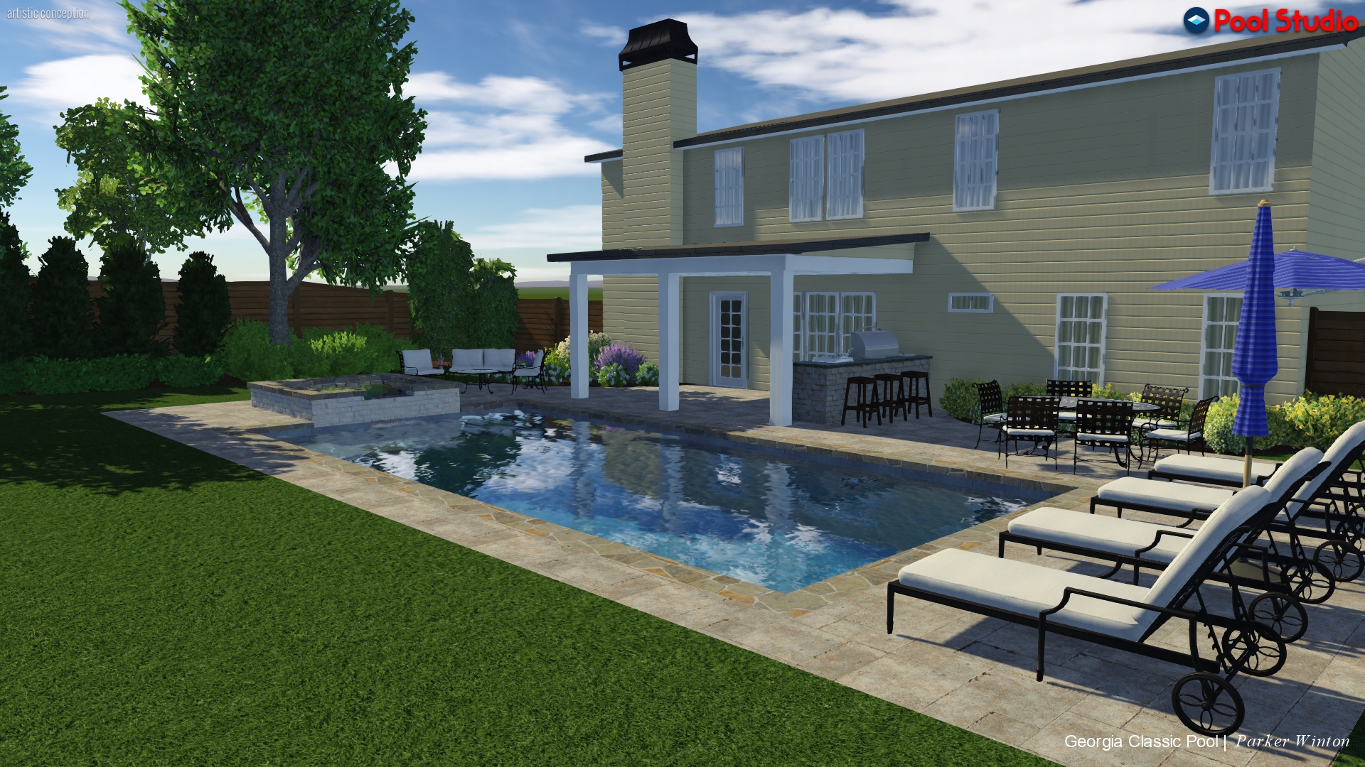 A luxurious 3D swimming pool design featuring a stylish kitchen, perfect for outdoor entertaining and culinary delights.