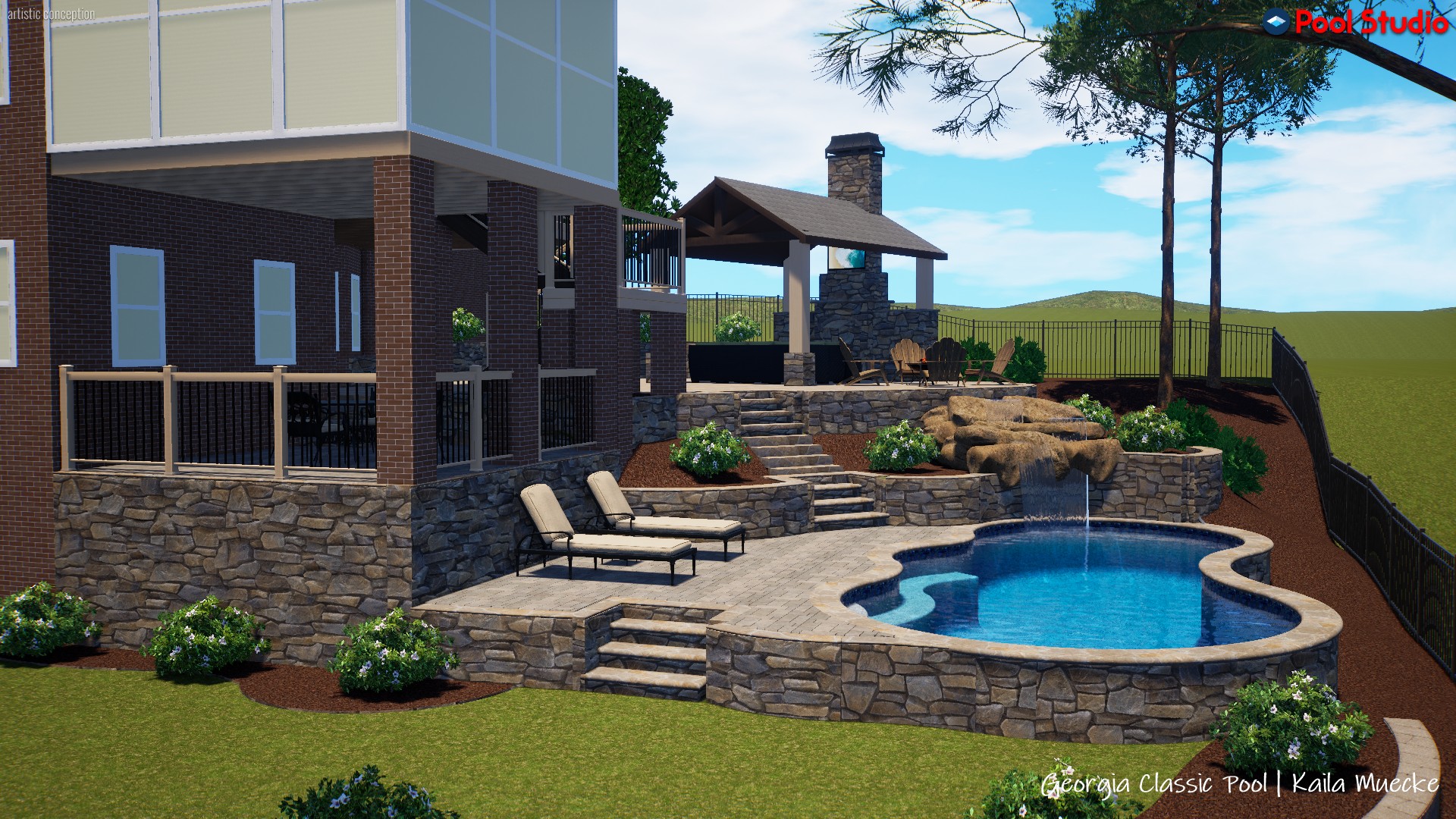 A picturesque 3D swimming pool design featuring a serene waterfall, adding a touch of natural beauty to your outdoor oasis.