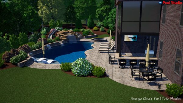 A 3D rendering of a pool with a cascading waterfall and raised beam wall with sheer descents.