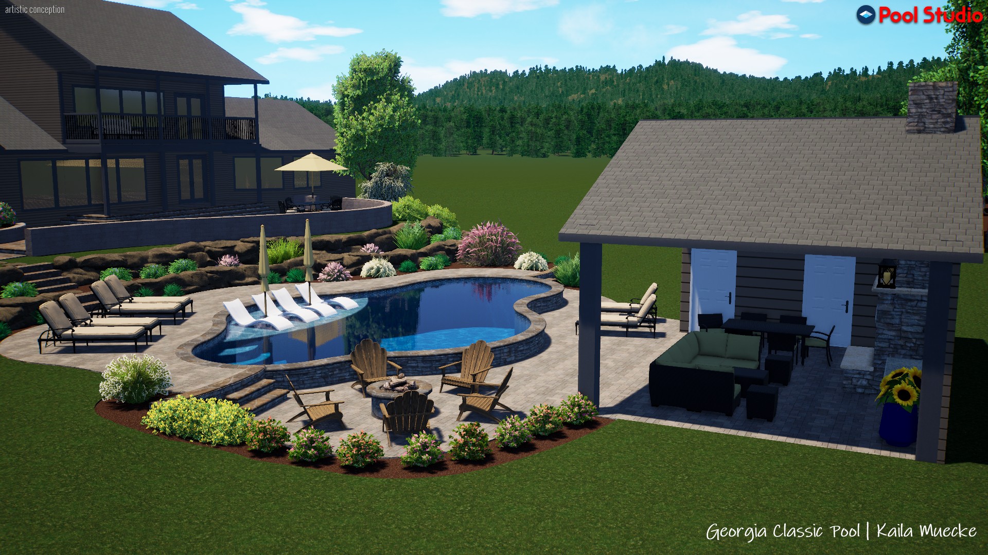 A 3D rendering of a modern pool with a sleek cabana nestled beside it.
