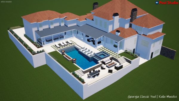 A cutting-edge 3D swimming pool design featuring a flush spa, a spacious tanning ledge, and a sunken seating area beneath the pool.