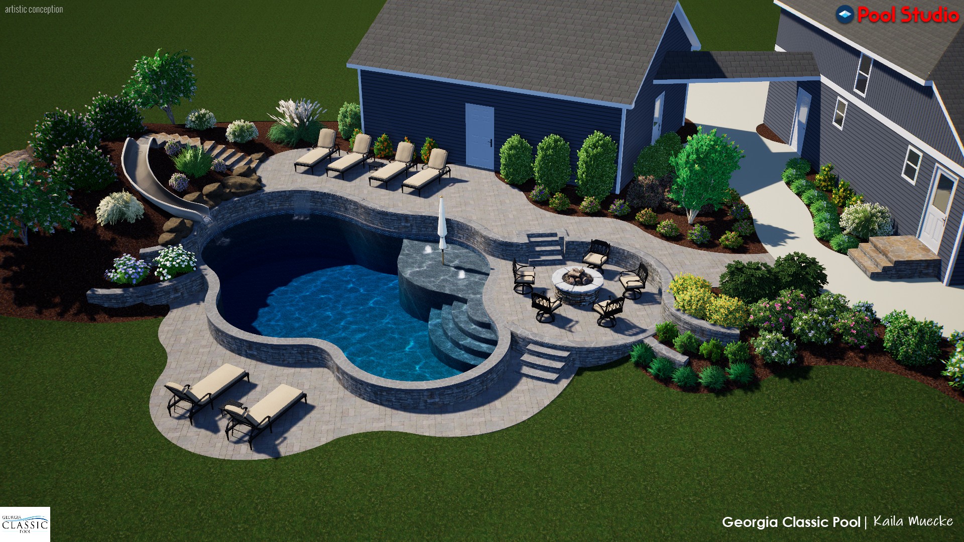 A thrilling 3D swimming pool design featuring a slide and a cozy firepit, offering the perfect balance of excitement and relaxation.