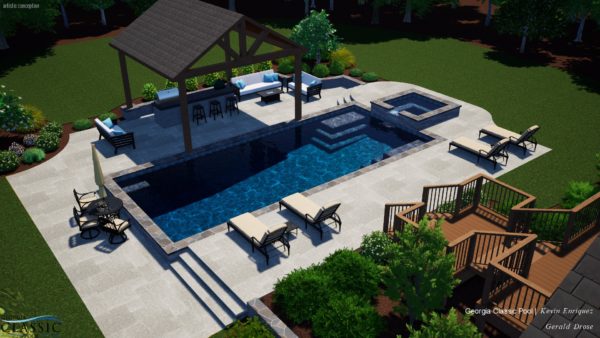 A luxurious 3D swimming pool design featuring a stylish cabana and a fully equipped outdoor kitchen, perfect for upscale outdoor living and entertaining.