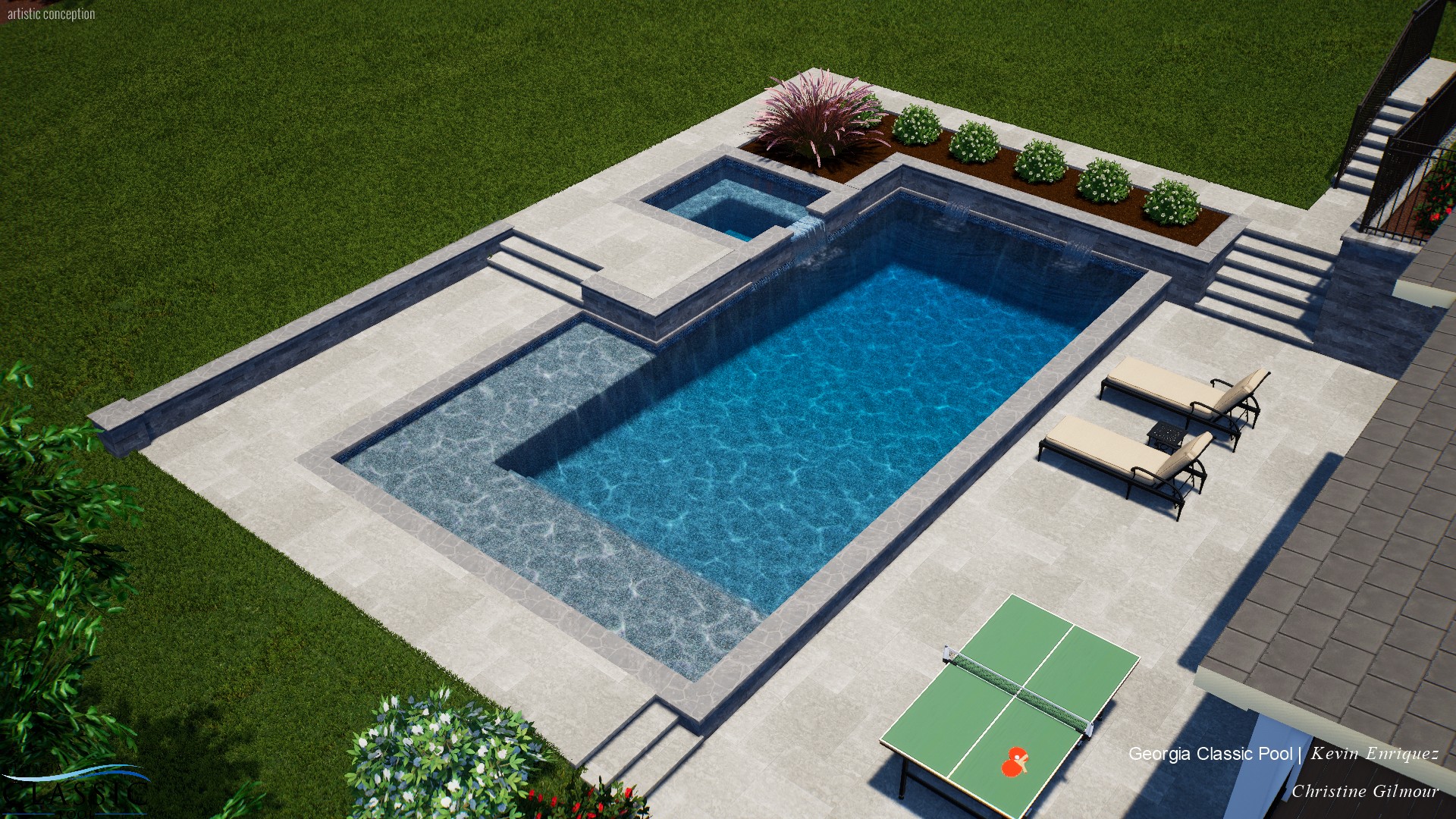 A tranquil 3D swimming pool design featuring a spacious tanning ledge, inviting relaxation and rejuvenation under the sun.