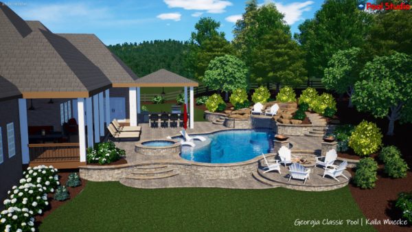 A captivating 3D swimming pool design featuring a picturesque waterfall, a tranquil grotto, a raised spa, and a cozy firepit area, creating a harmonious blend of nature and luxury.