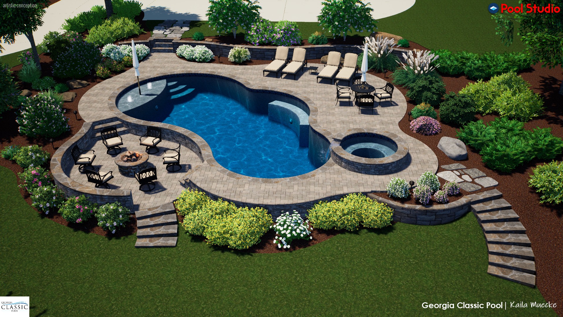 A 3D rendering of a modern pool with a spa and sunken firepit area surrounded by seating.
