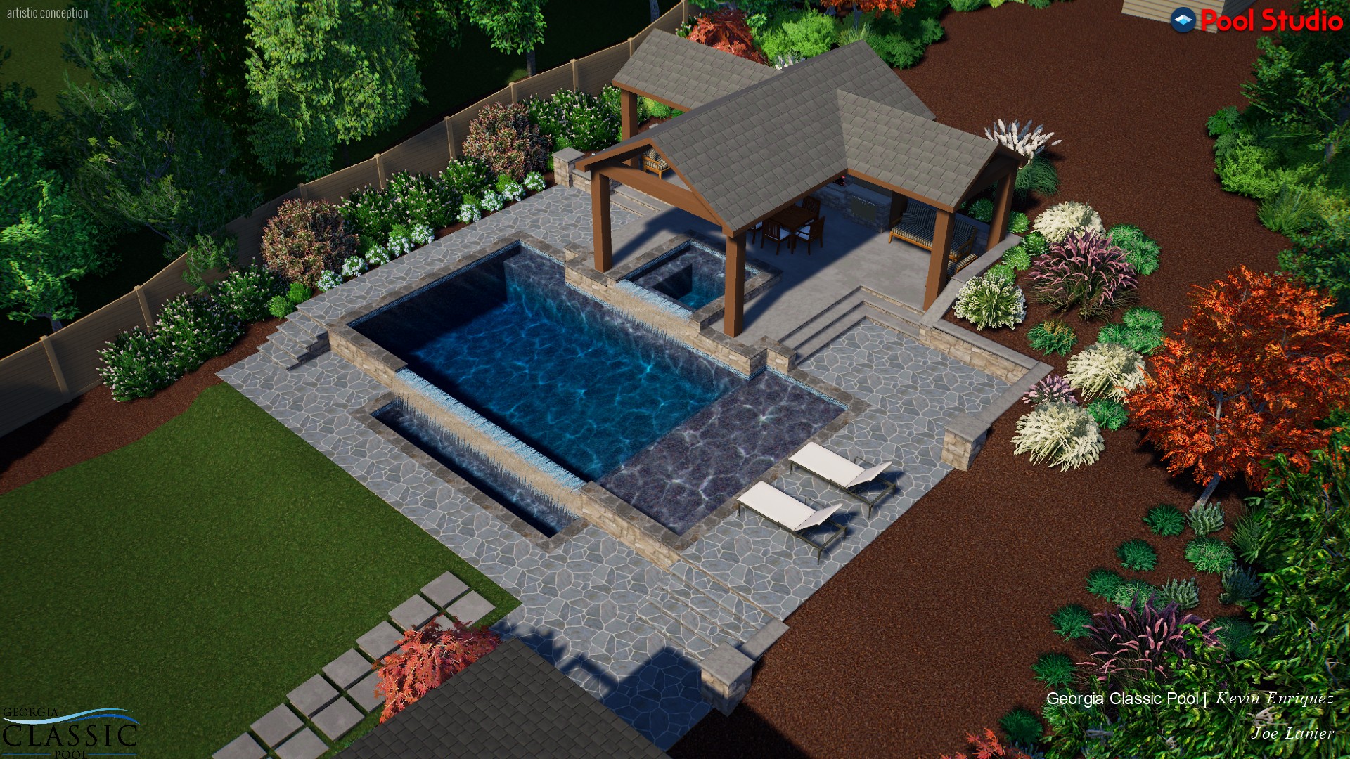 A captivating 3D swimming pool design featuring a vanishing edge and a stylish cabana, offering a luxurious and serene outdoor escape.