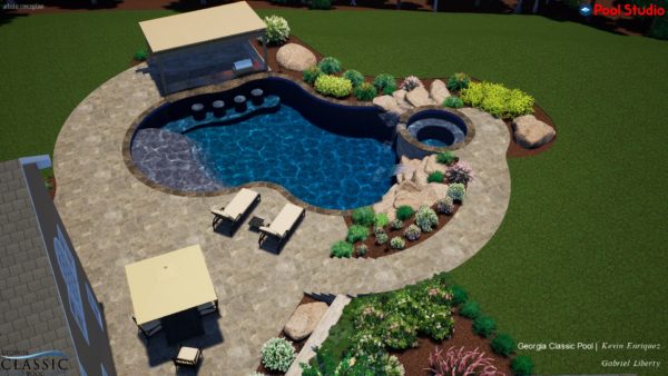 A stunning 3D swimming pool design featuring a luxurious cabana and fully equipped outdoor kitchen, perfect for entertaining and relaxation.