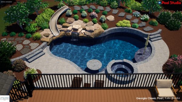 An enchanting 3D swimming pool design featuring a spa, a unique poolside table, an exhilarating slide, and a cascading waterfall for an immersive aquatic experience.