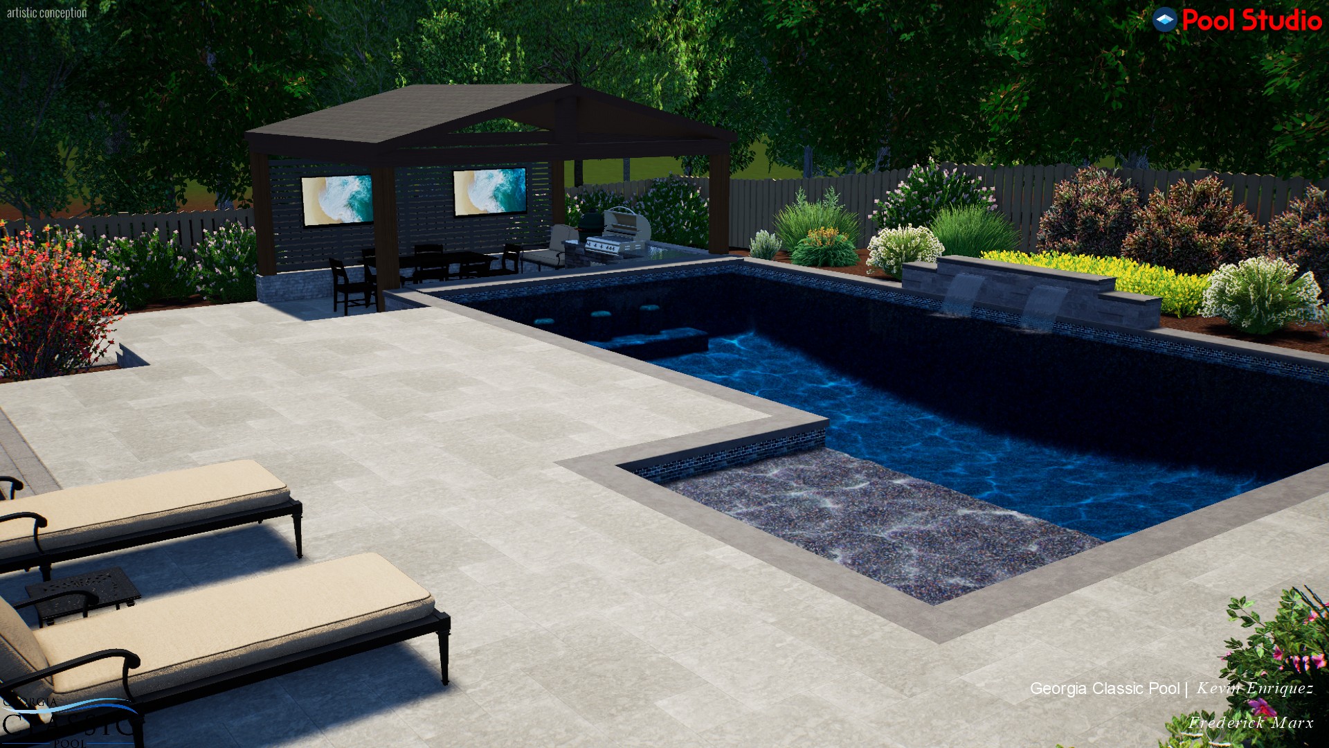A mesmerizing 3D swimming pool design featuring a sunken cabana, creating a luxurious and secluded retreat for ultimate relaxation.