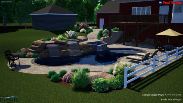 A picturesque 3D swimming pool design featuring a serene waterfall, adding a touch of natural beauty to your outdoor oasis.