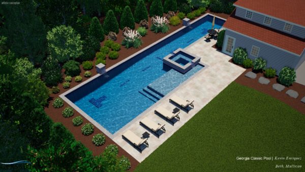 A dynamic 3D swimming pool design featuring a sleek professional swim lane, perfect for serious swimmers seeking optimal training conditions.