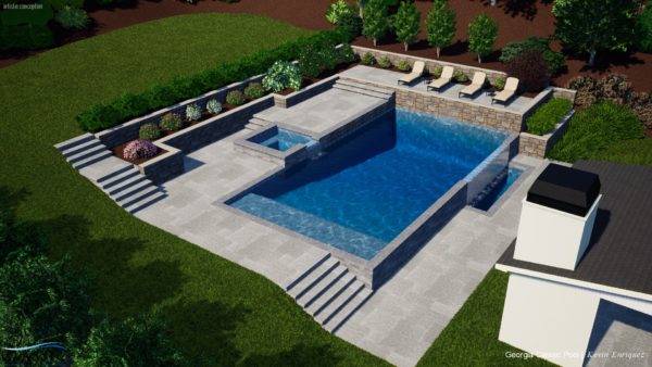 A mesmerizing 3D swimming pool design featuring a vanishing edge, creating a seamless and captivating outdoor retreat.