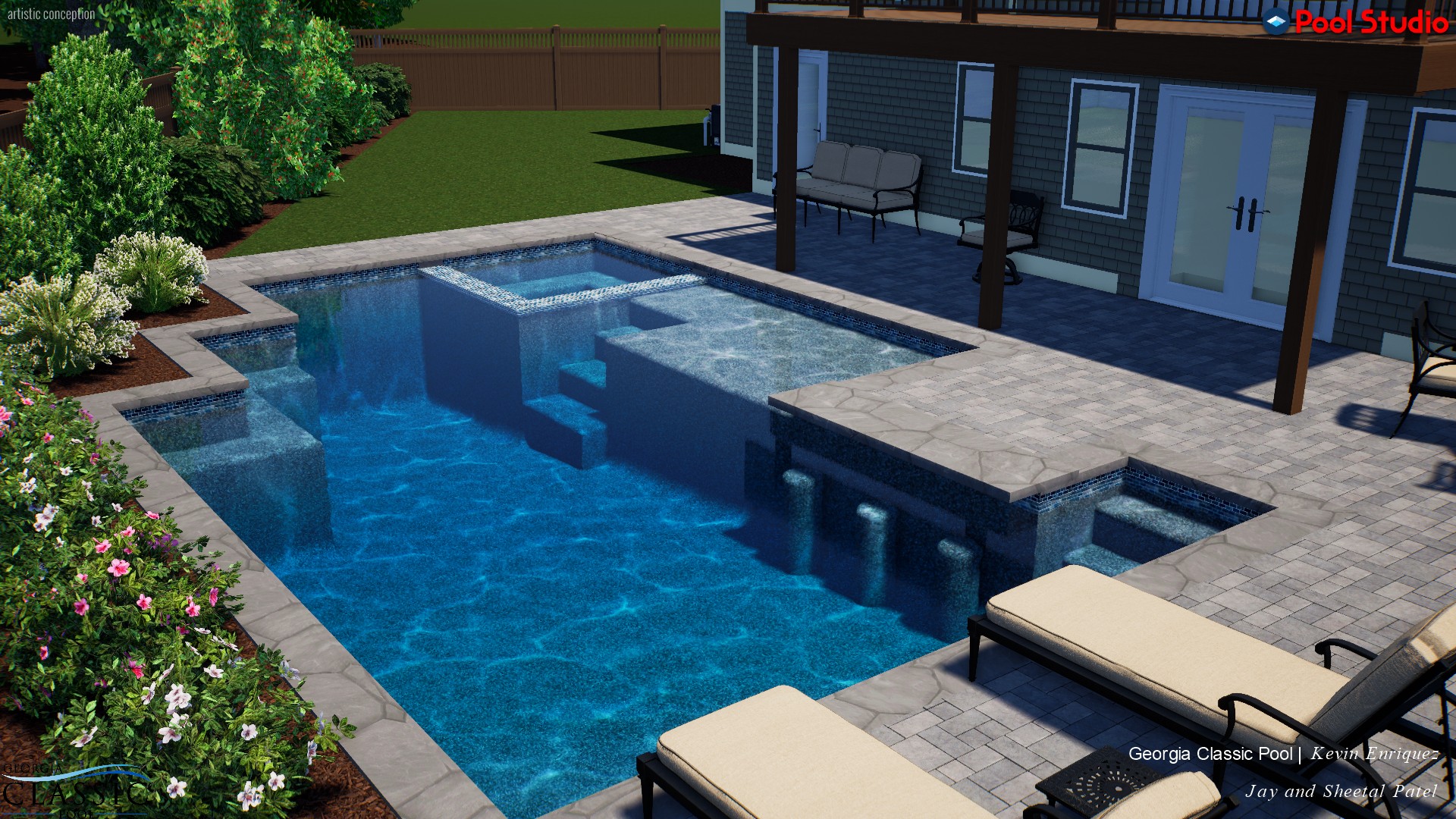 A luxurious 3D swimming pool design featuring sleek barstools, offering a chic and comfortable space for poolside relaxation.