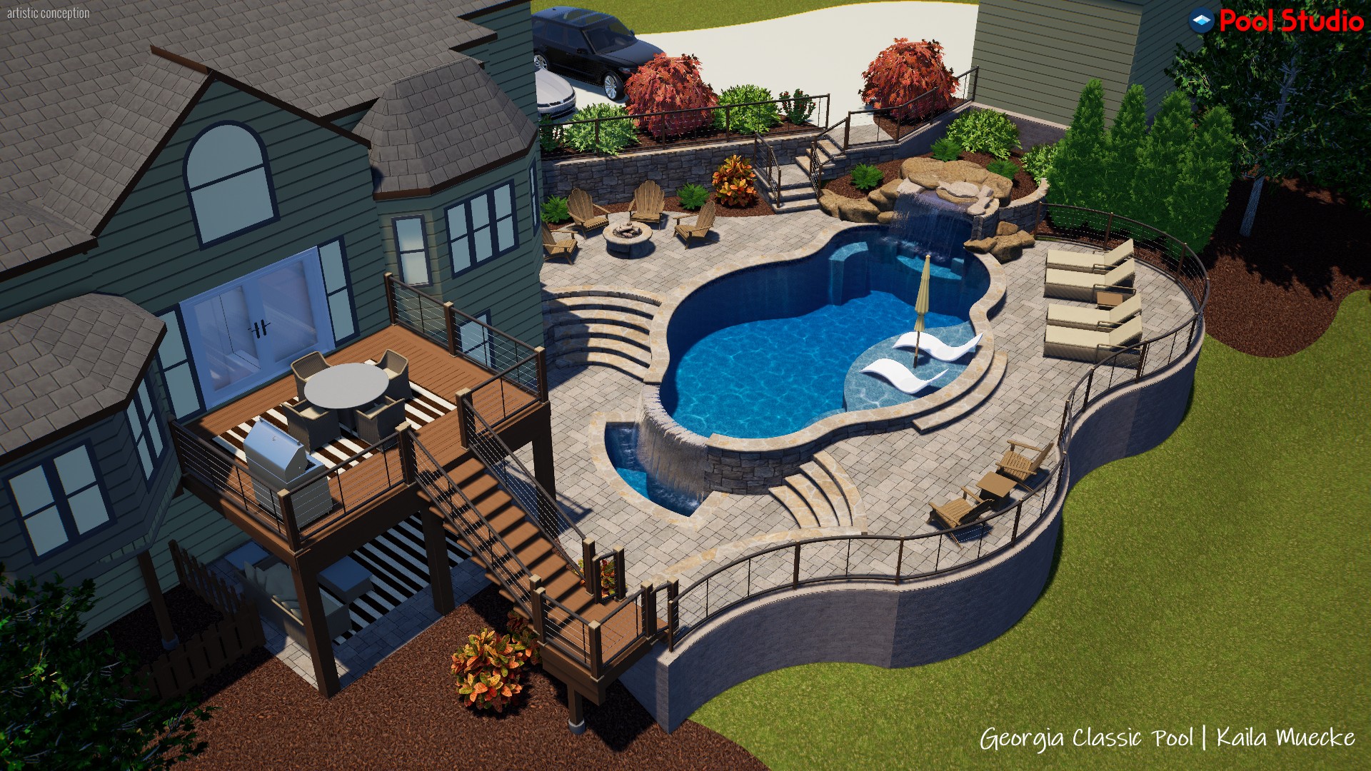 A breathtaking 3D swimming pool design featuring a vanishing edge, a cascading waterfall, and a sunken kitchen nestled below the deck.