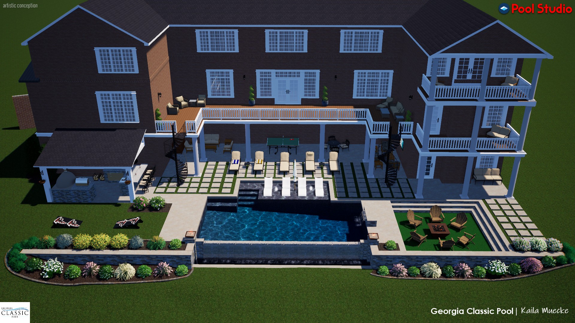 An avant-garde 3D swimming pool design featuring modern aesthetics, a stylish cabana, a fully equipped kitchen, and a sunken firepit area for the ultimate outdoor sanctuary.