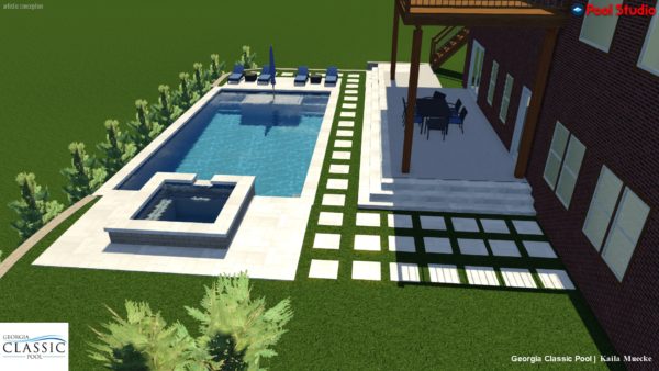 A 3D rendering of a modern straight line pool with travertine 2' x 2' tiles surrounding the pool area.