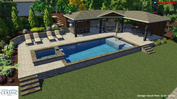 A sophisticated 3D swimming pool design featuring a stylish cabana and a cozy fireplace, creating the perfect retreat for luxurious relaxation.