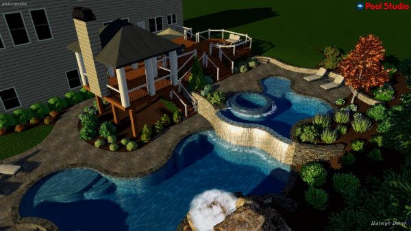 A mesmerizing 3D pool design featuring dual pools with vanishing edges, a 360° spa with a waterfall, and a grotto leading to a sunken firepit area.