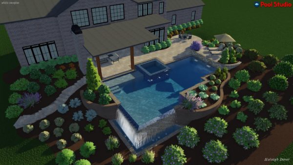 A mesmerizing 3D swimming pool design featuring a vanishing edge, offering a seamless and serene outdoor oasis.