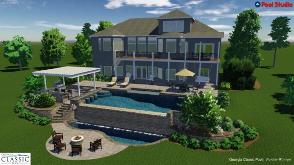 A contemporary 3D swimming pool design featuring a seamless vanishing edge and a chic arbor kitchen, offering a luxurious outdoor retreat.