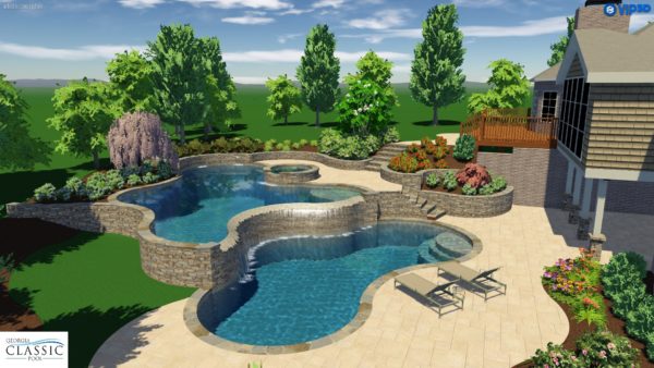 A captivating 3D swimming pool design featuring dual pools with a vanishing edge, offering an expansive and luxurious outdoor retreat.