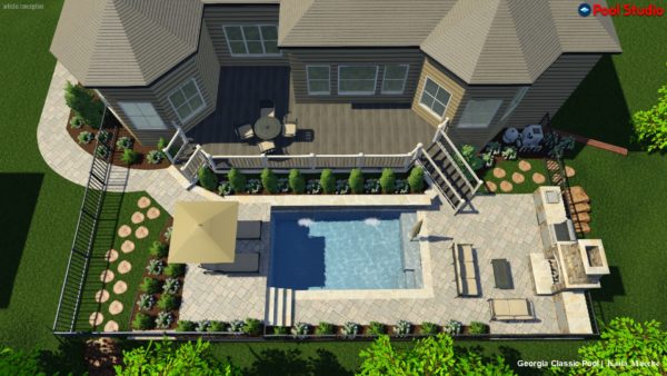 A 3D rendering of a modern straight-line pool with a stone fireplace nestled nearby.