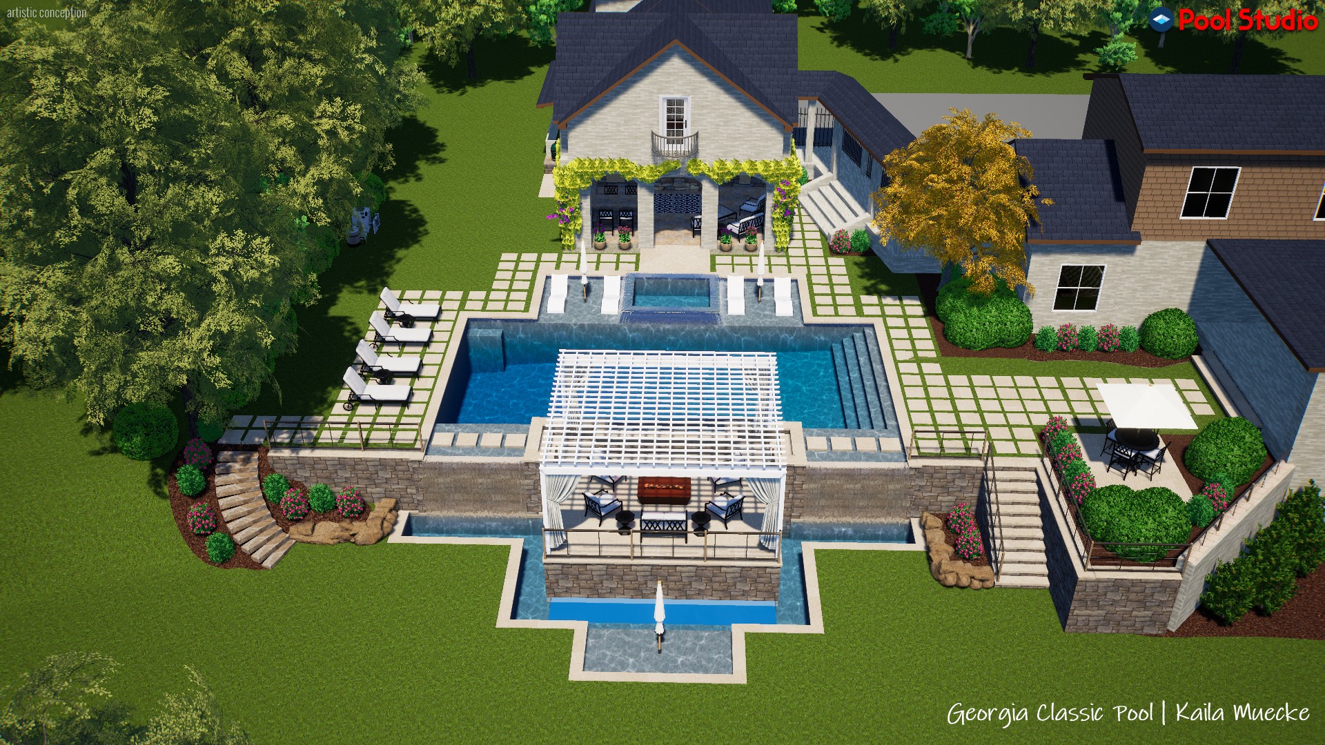 A mesmerizing 3D swimming pool design featuring a vanishing edge, pergola with a full kitchen, and a cabana surrounded by luxurious 2' x 2' travertine decking.