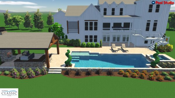 A 3D rendering of a modern straight-line pool with an attached spa.