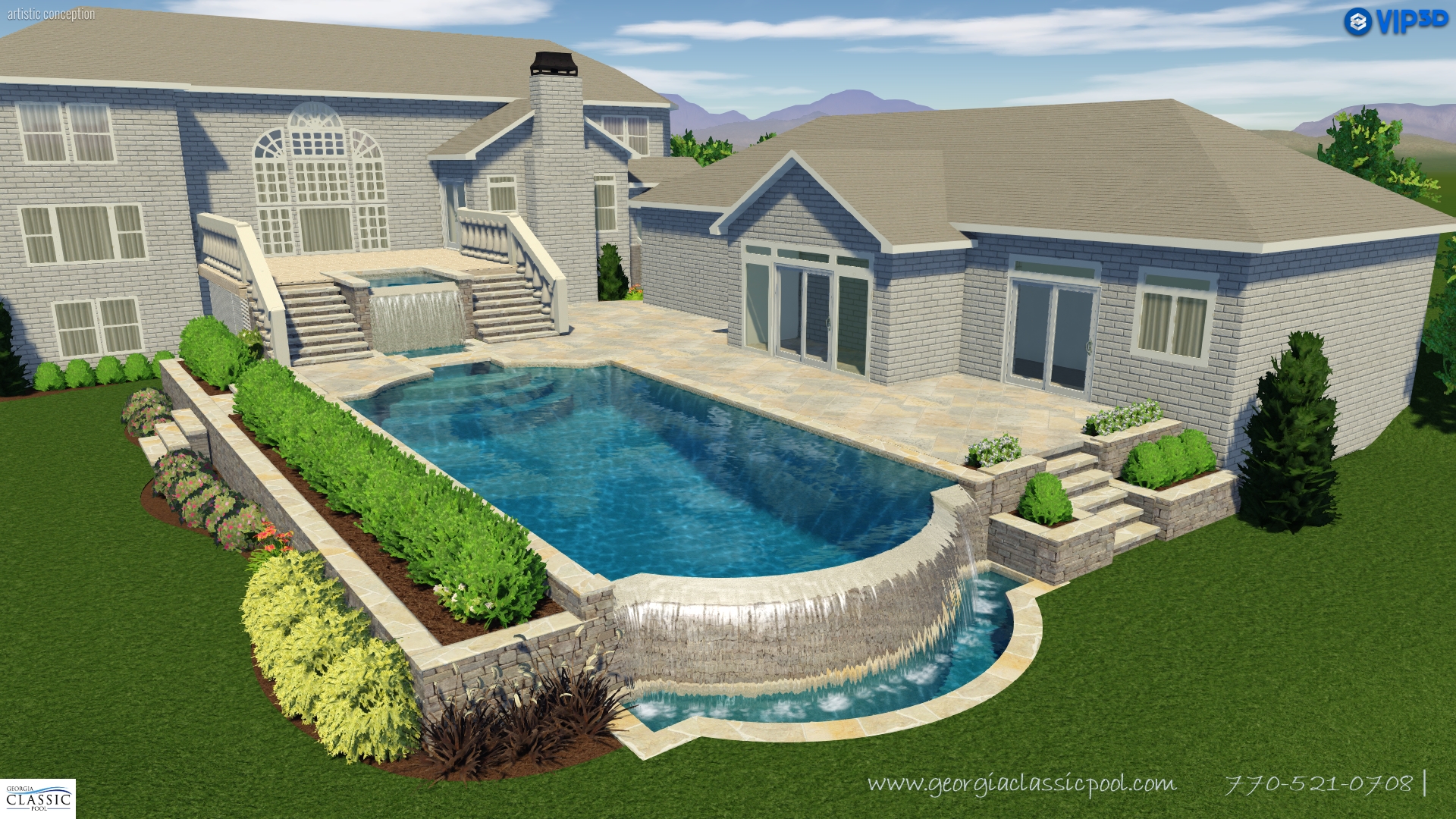 A 3D rendering of a modern pool with a vanishing edge, creating the illusion of infinity.