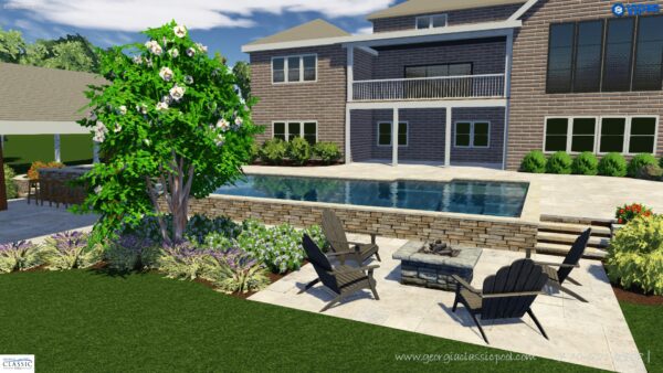 A 3D rendering of a modern straight-line pool with clean lines and minimalist design.