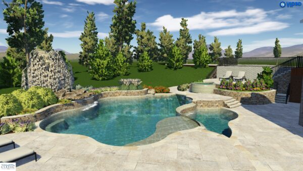 A 3D rendering of a modern pool with a vanishing edge, creating the illusion of infinity.