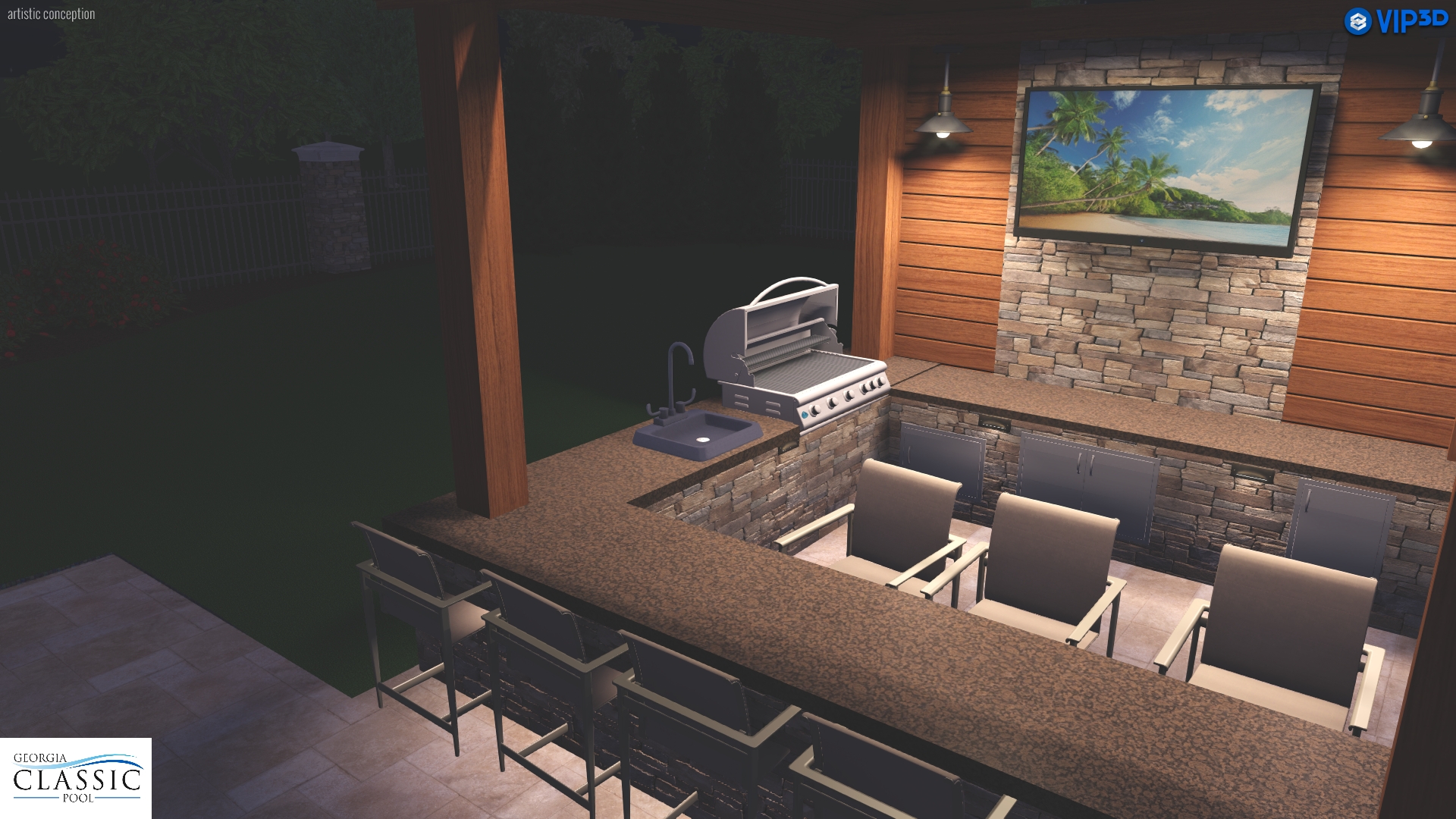 A 3D rendering of a modern pool with a cabana and kitchen area adjacent.