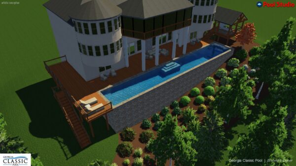 A 3D rendering of a modern straight-line pool with clean lines and minimalist design.