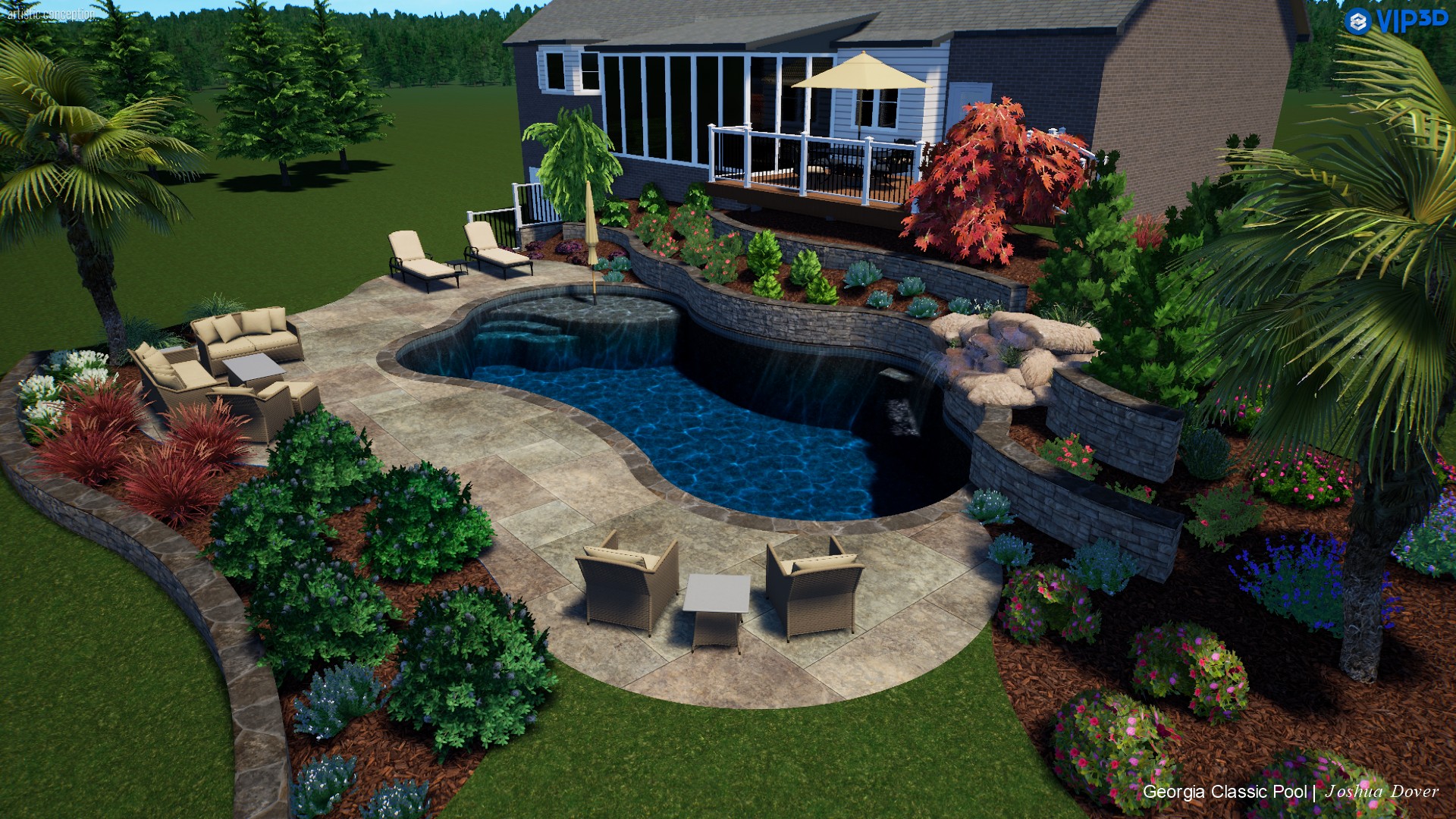 A 3D rendering of a modern pool with a boulder waterfall cascading into the pool.