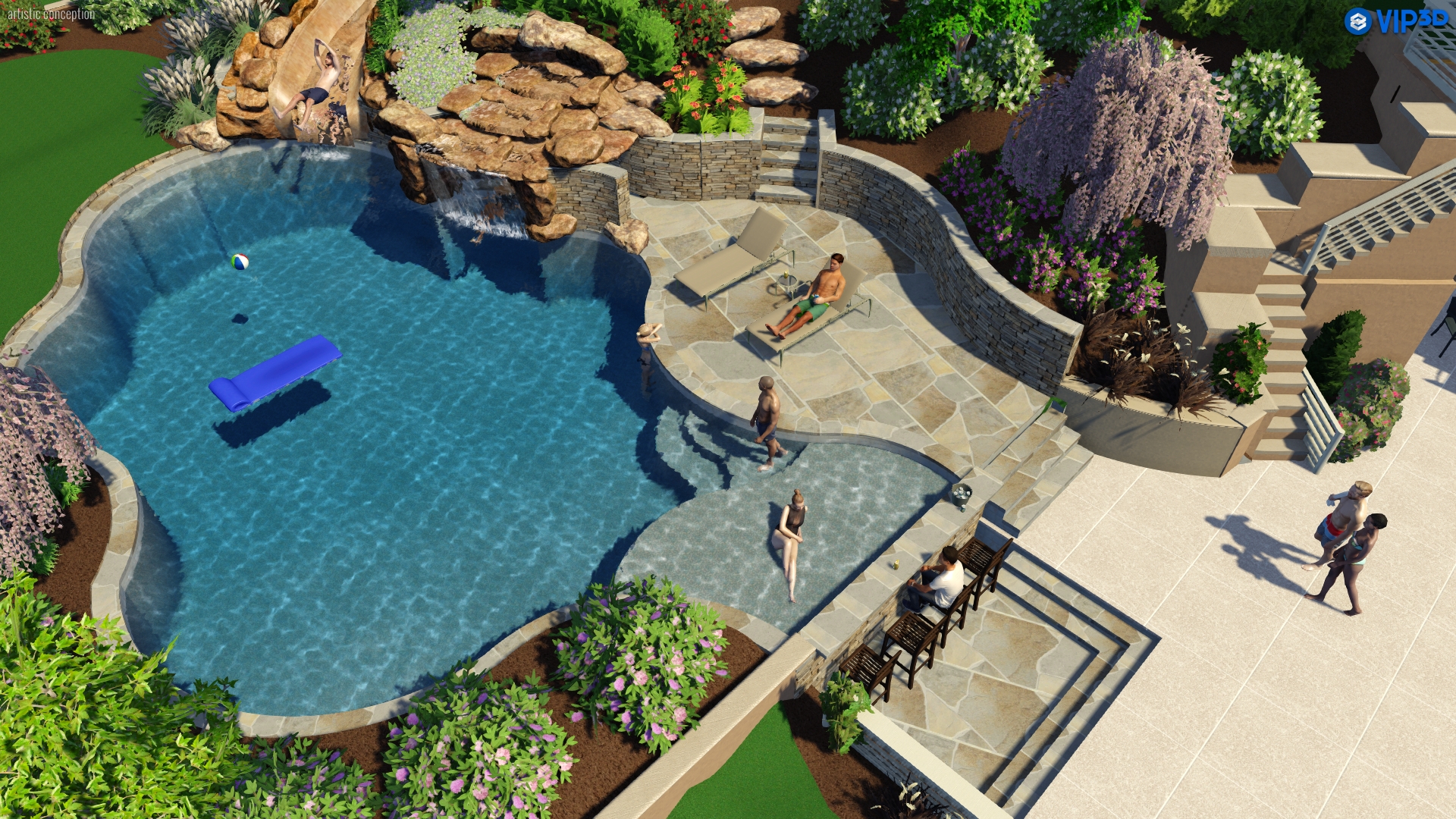 A 3D rendering of a modern pool with a boulder waterfall and slide.