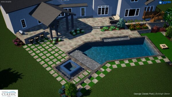 A 3D rendering of a modern straight line pool with travertine 2' x 2' tiles surrounding the pool area.
