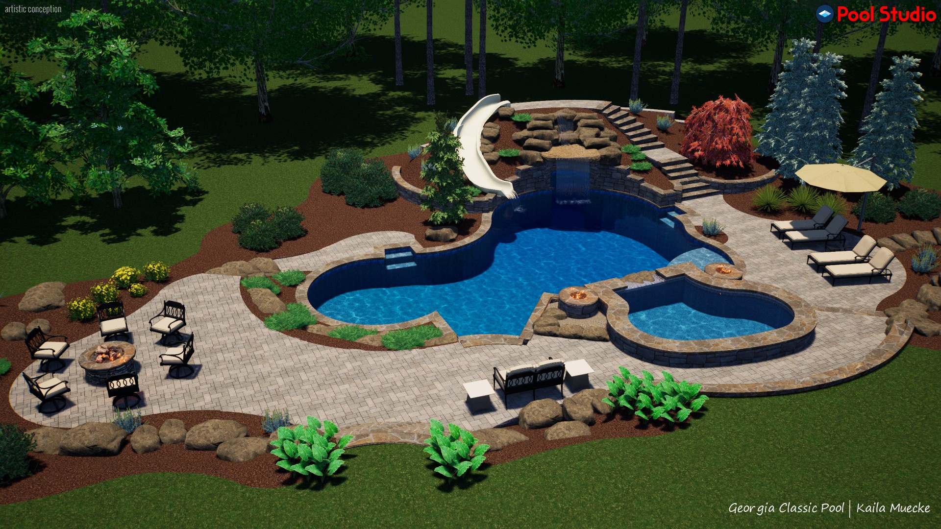 A 3D rendering of a modern pool with a boulder waterfall and slide.