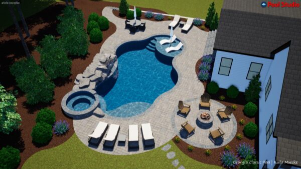 A 3D rendering of a modern pool with an attached spa.