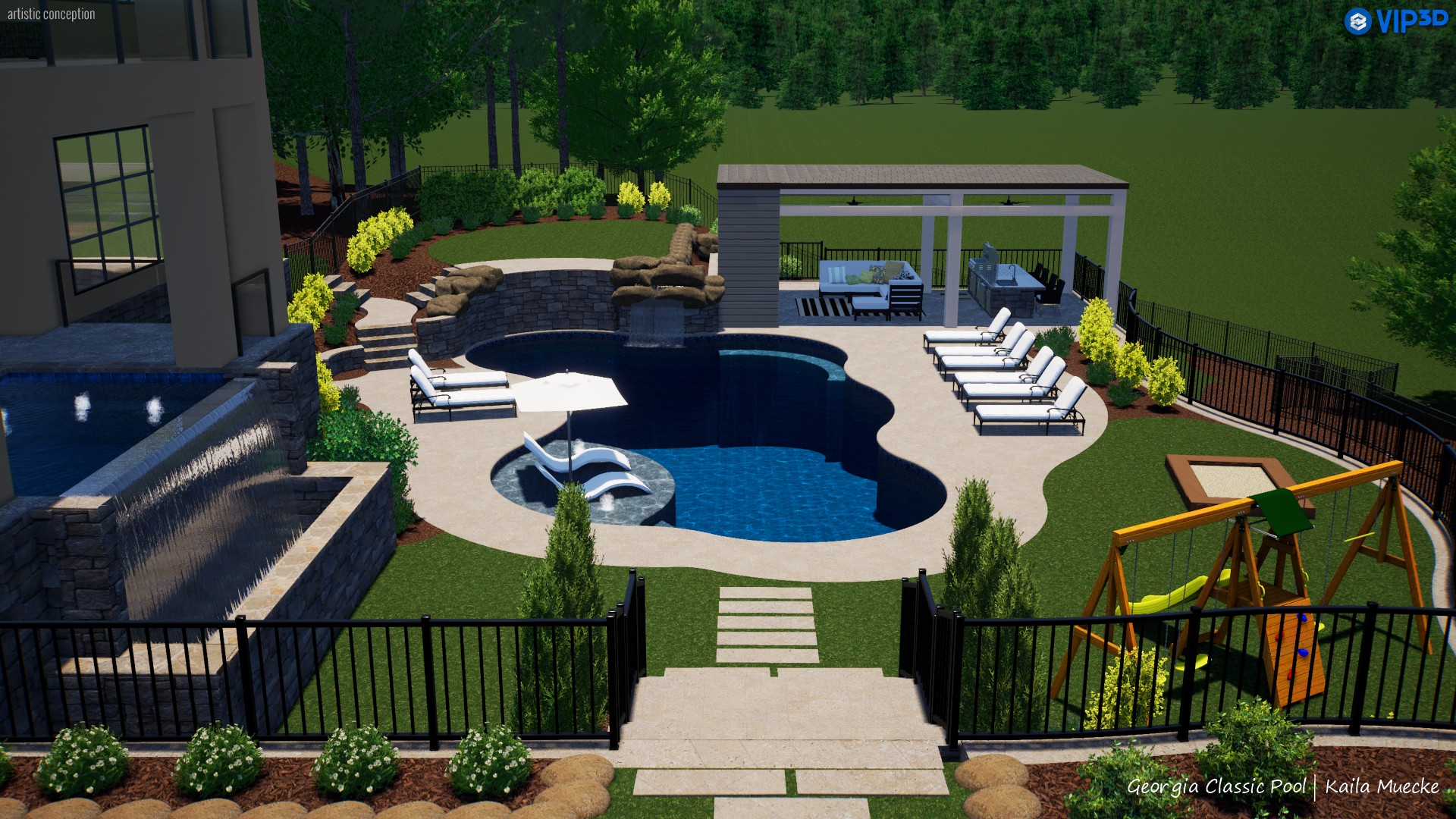 A 3D rendering of a modern pool with a boulder waterfall cascading into the pool.