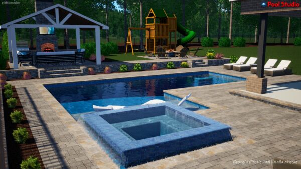 A 3D rendering of a modern straight-line pool with an attached spa.