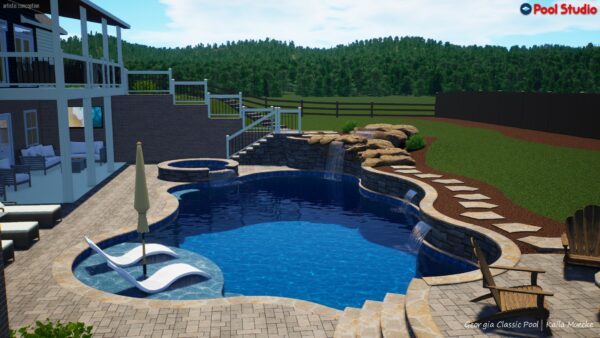 A 3D rendering of a modern pool with a boulder waterfall cascading into the pool and an attached spa.